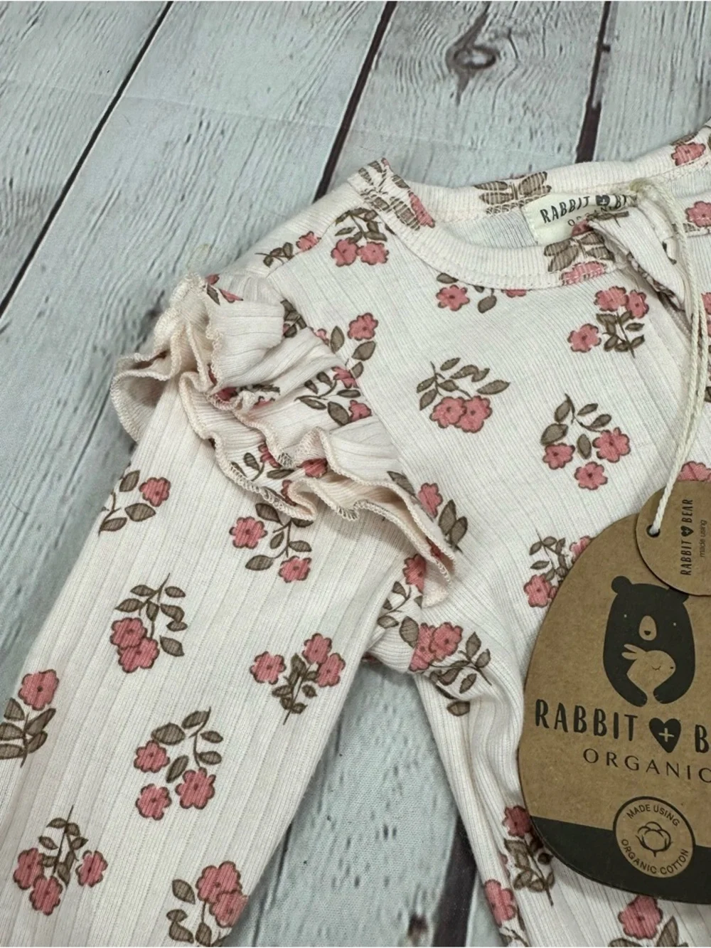 NWT Rabbit & Bear Pink Floral Footed One-Piece 6-9M organic cottagecore coquette